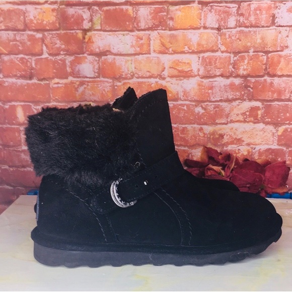 BearPaw Black Ankle Boots with Fur Trim - Picture 1 of 10